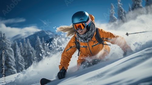An extreme skier carving through powder snow, showcasing dynamic movement and winter sports excitement