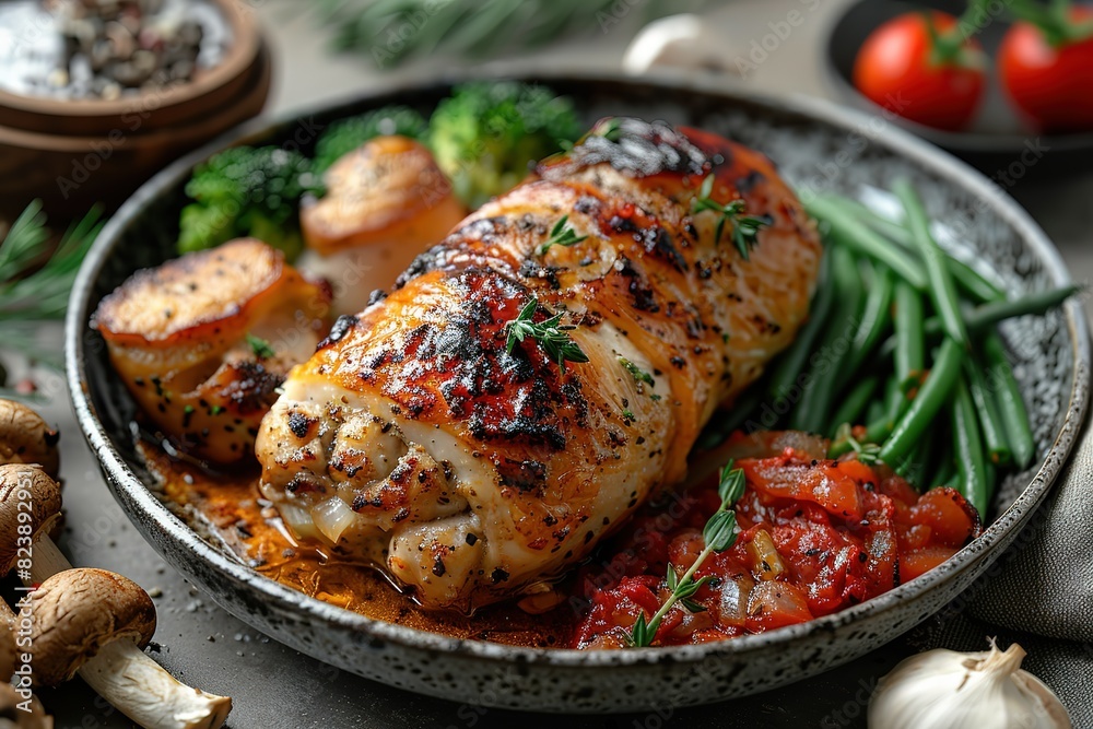 A plate of food with meat, vegetables, and sauce A plate of food with meat, vegetables, and sauce