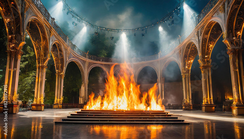 Empty stage with fire flames instead of lights photo