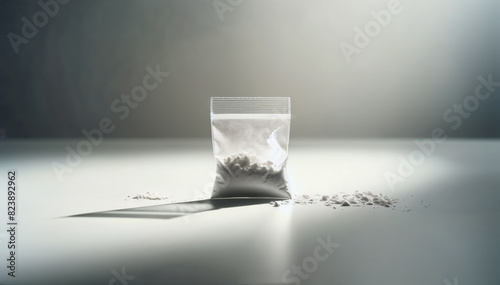 Sealed Plastic Bag of White Powder on a Table in Spotlight