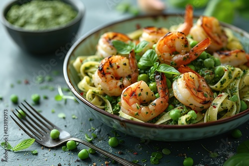 A bowl of shrimp pasta with peas and a fork next to it