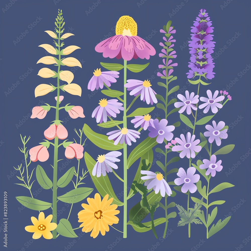 Obraz premium Flowers in traditional medicine flat design front view herbal uses theme cartoon drawing Colored pastel