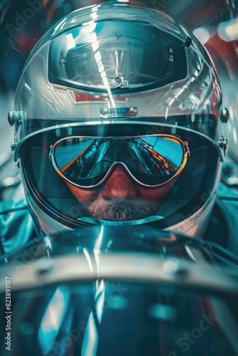 A man wearing a helmet and goggles in a race car. Ideal for sports and automotive designs
