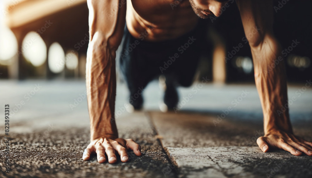 Fototapeta premium Man Doing Push Ups on Ground