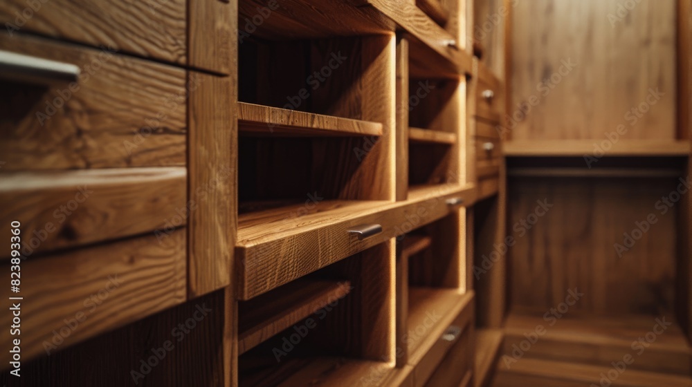 Close up of a wooden shelf in a room, suitable for interior design projects Close up of a wooden shelf in a room, suitable for interior design projects