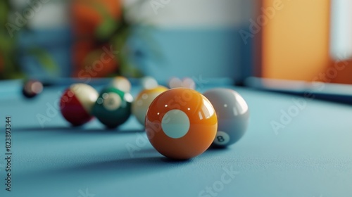 A pool table with several pool balls, perfect for sports and leisure concepts photo