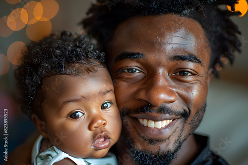 Happy smiling black man father plays with daughter or son child. Caring father hugs his baby tenderly. Father's Day or Children's Day concept