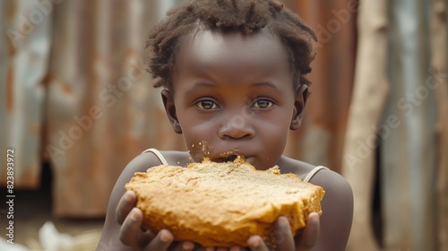 Close-up view of a young child in a village  holding a large piece of crumbly cake  with crumbs visible on their face.