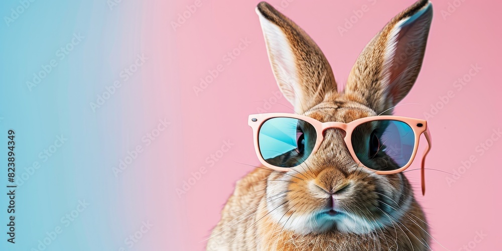  Cool bunny with sunglasses. Easter party concept. Isolated on pink background .