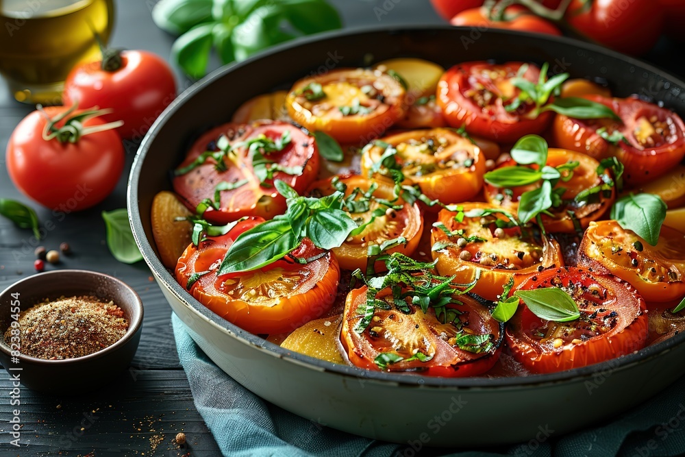 A pan of tomatoes with basil and parsley on top