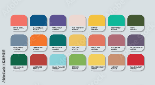 Fashion Trend Color Guide Palette with Color Names. Catalog Samples Fashion Trends with RGB HEX codes and Names. Fashion Trend Colors Palette Vector, Wood and Plastic Fashion Trend Color Palette Vecto