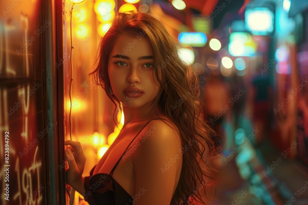 A beautiful young woman standing in front of a wall, suitable for various projects A beautiful young woman standing in front of a wall, suitable for various projects