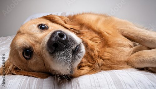 A cute golden retriever lying on his back on a bed looking at the camera photo