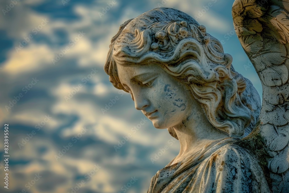 Close up of an angel statue, suitable for religious or memorial concepts Close up of an angel statue, suitable for religious or memorial concepts