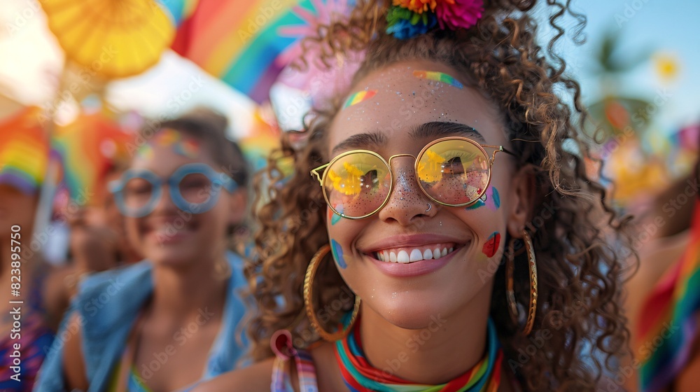 Wide-angle shot of teens celebrating Pride Month with colorful attire and flags, golden hour light enhancing their happiness Wide-angle shot of teens celebrating Pride Month with colorful attire and flags, golden hour light enhancing their happiness