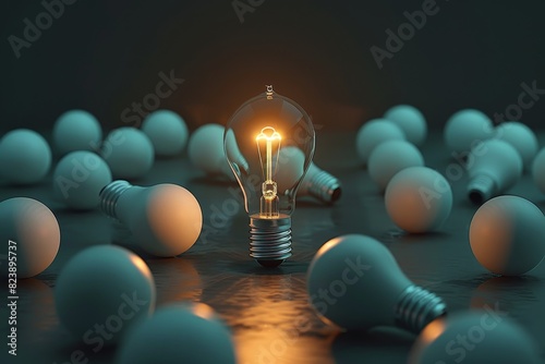 One of Lightbulb glowing among shutdown light bulb in dark area with copy space for creative thinking , problem solving solution and outstanding concept 