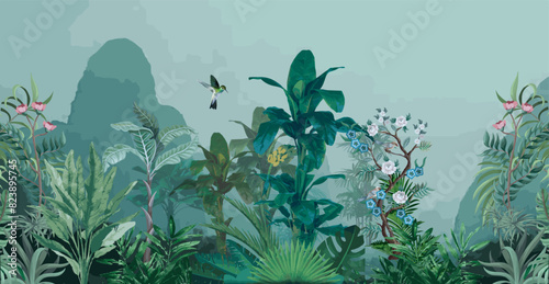 Tropical jungle wallpaper bird, Banana leaves Tropical leaves wallpaper for digital printing. Exotic jungle wallpaper.