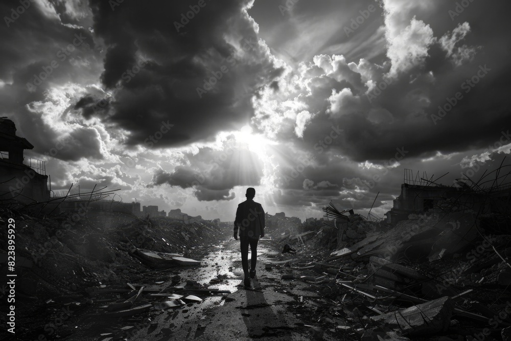 Man standing in front of pile of rubble, suitable for construction or disaster concept