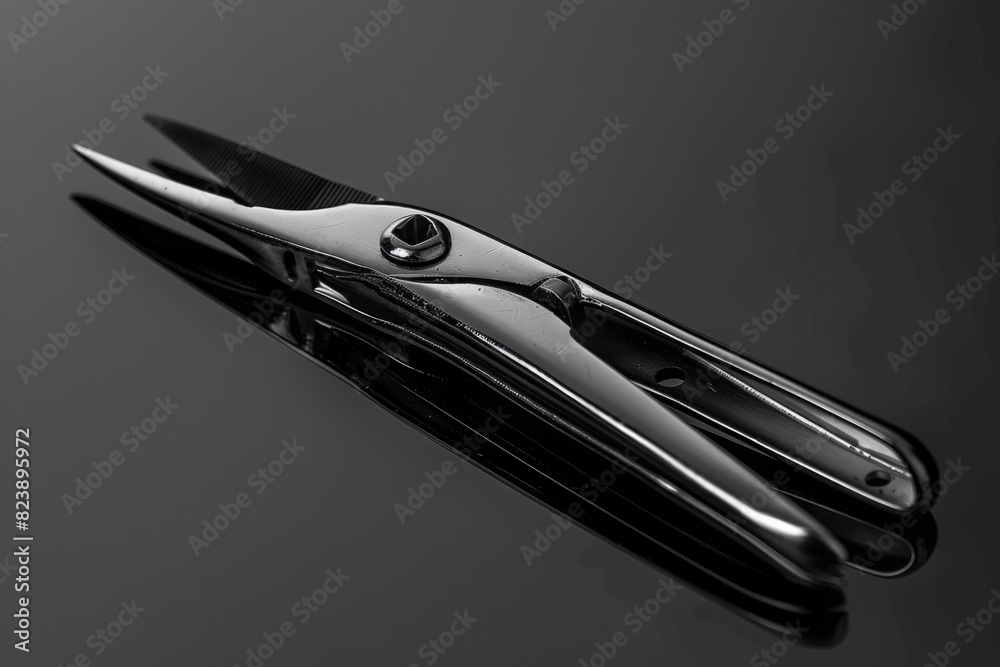Sharp scissors placed on a sleek black table. Suitable for office supplies concept Sharp scissors placed on a sleek black table. Suitable for office supplies concept