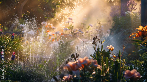 A garden with a sprinkler watering the flowers