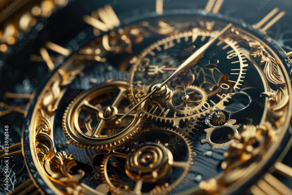 Detailed view of a clock with gold gears, perfect for business or time management concepts Detailed view of a clock with gold gears, perfect for business or time management concepts