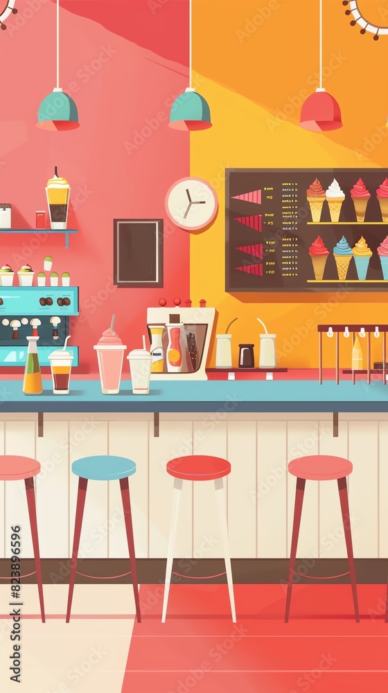 Ice cream shop interior flat design front view cozy ambiance theme animation Splitcomplementary color scheme Ice cream shop interior flat design front view cozy ambiance theme animation Splitcomplementary color scheme