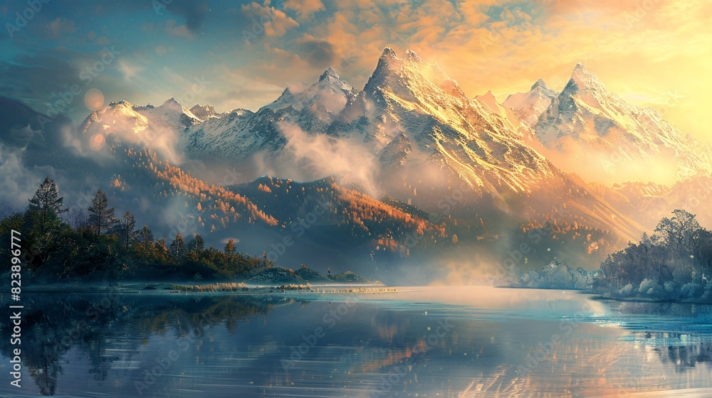 A serene mountain landscape at dawn, where mist rolls over the valleys and the first light of day bathes the snow-capped peaks in a golden glow, with a tranquil lake mirroring the stunning scene.