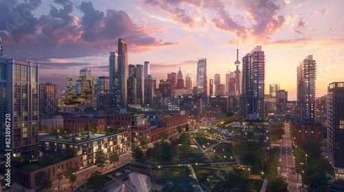 A vibrant cityscape at sunset, where modern high-rises blend with historic buildings, and green spaces such as parks and rooftop gardens bring life to the concrete jungle. photo