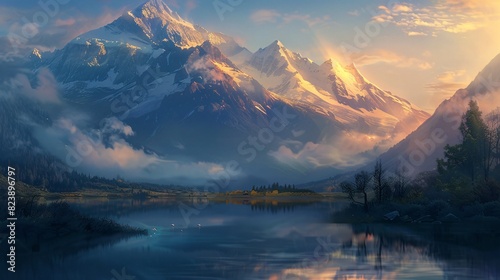 A serene mountain landscape at dawn  where mist rolls over the valleys and the first light of day bathes the snow-capped peaks in a golden glow  with a tranquil lake mirroring the stunning scene.