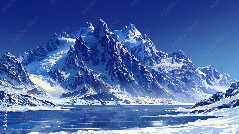 A dramatic mountain landscape during winter, where jagged peaks covered in snow rise sharply against a deep blue sky, and a frozen lake at the base adds to the tranquil yet imposing scene.