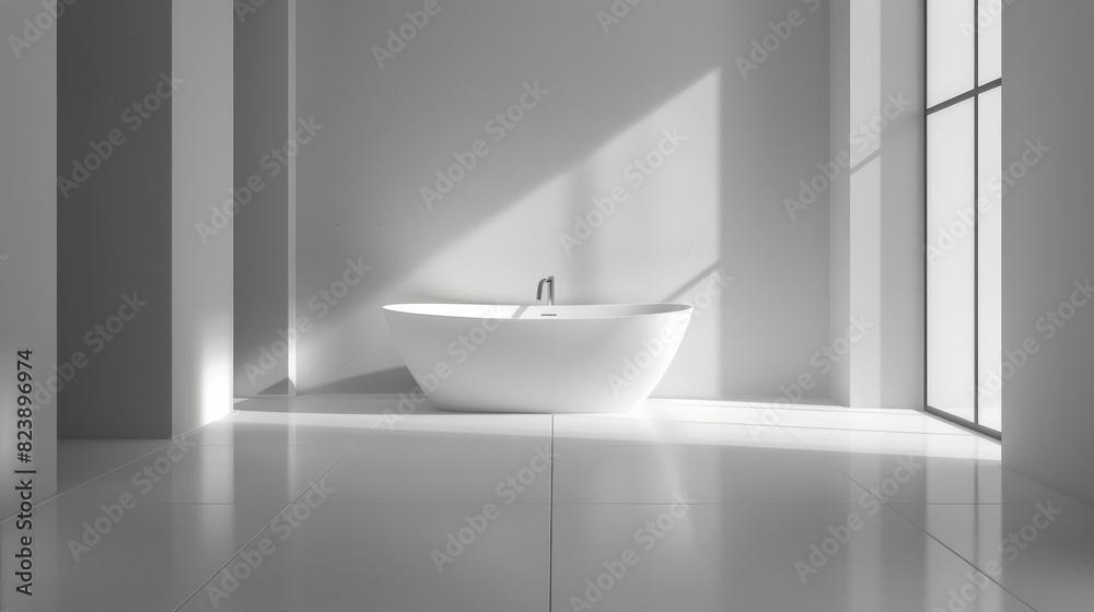 White Bathroom With Tub and Plant White Bathroom With Tub and Plant