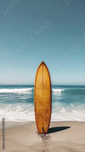 Surfboard Sticking Out of Sand at Beach