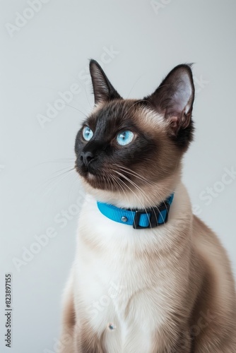 A cat wearing a blue collar is sitting on a white surface