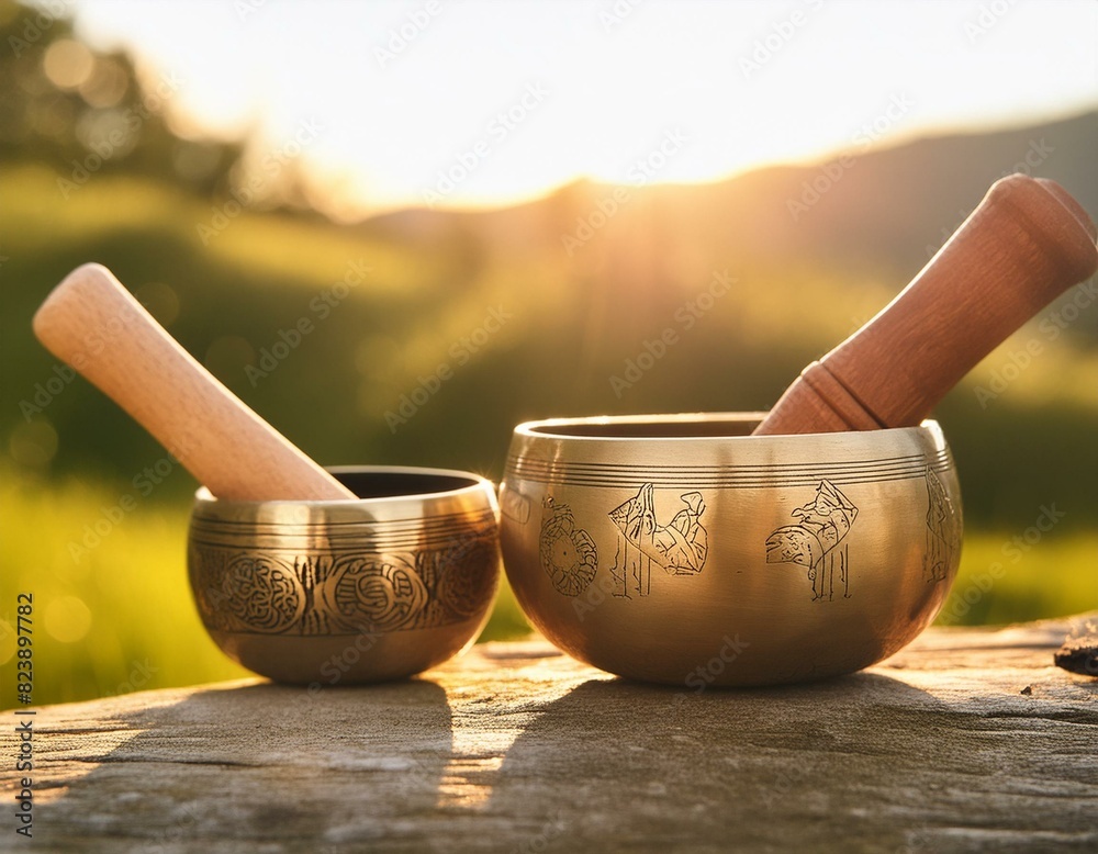Tibetan Singing Bowls in a Natural Sunset Setting Tibetan Singing Bowls in a Natural Sunset Setting