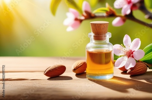 a small glass bottle of almond oil, almond seed essential oil on a wooden table, white almond flowers, blooming almond orchard, sunny day