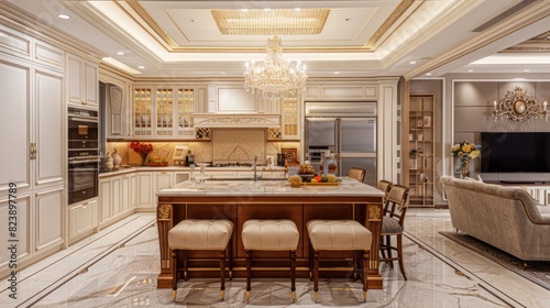 A large  elegant kitchen with a chandelier above the island