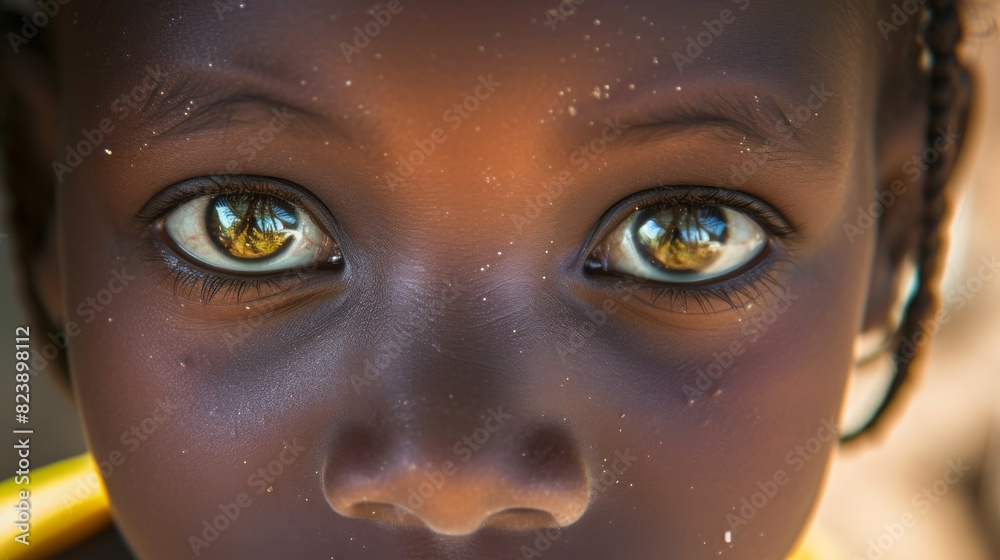 Detailed close-up of a young African girl's face, highlighting her profound brown eyes reflecting a vivid image, set against her dark skin dusted with sand.
