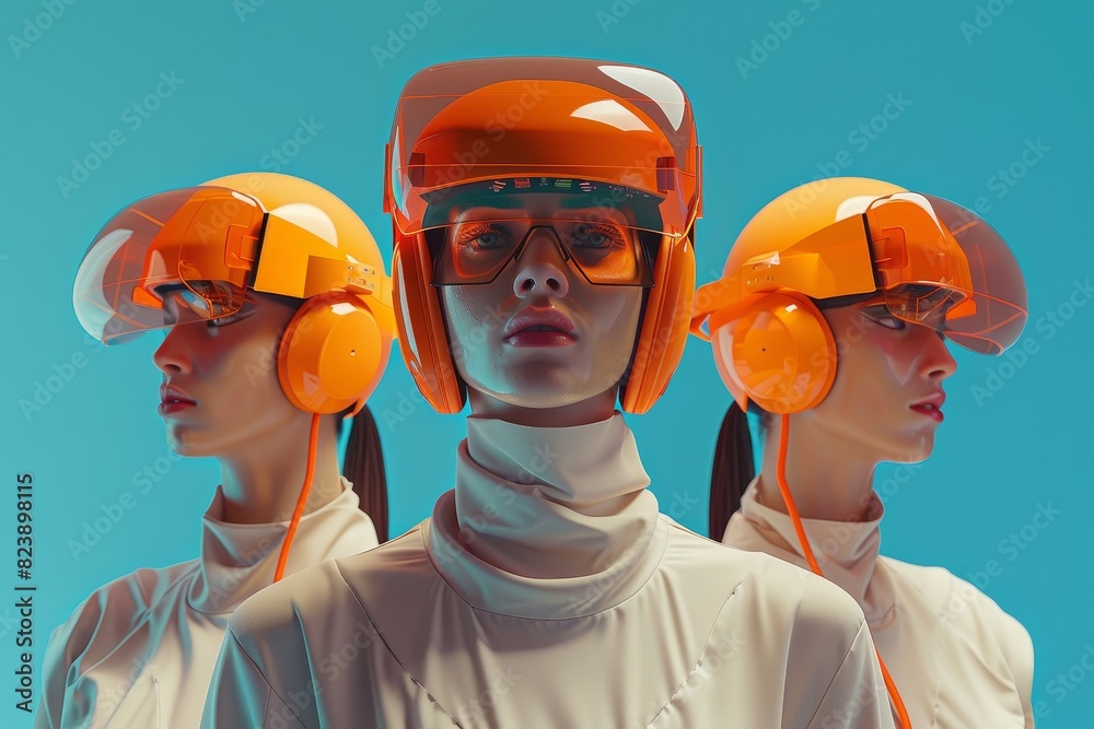 Three futuristic women donned in orange helmets and visors stand against a calming blue background, technology and fashion. Three futuristic women donned in orange helmets and visors stand against a calming blue background, technology and fashion.