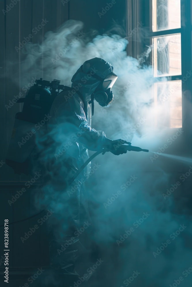 Obraz premium A man wearing a gas mask spraying a window. Suitable for industrial or environmental themes