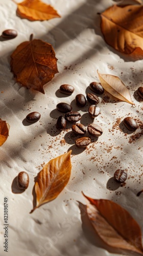 Coffee Beans and Leaves on White Surface