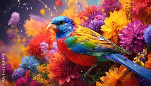 A Painted Bunting bird surrounded be an explosion of colorful flowers  photo