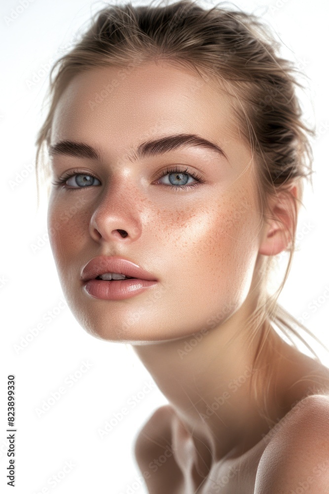 Close-up portrait of a woman with freckles on her face. Perfect for skincare or beauty concepts Close-up portrait of a woman with freckles on her face. Perfect for skincare or beauty concepts