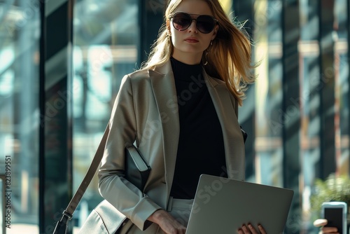 a saleswoman arrives at work carrying a laptop and a smartphone, with sunglasses on. modern European office environment, 