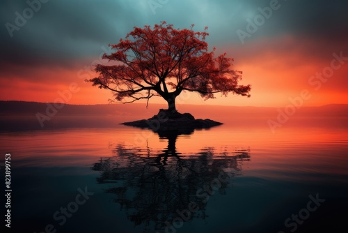 sunset on the lake with tree