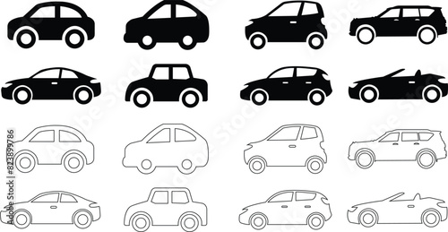 Car icons set. The car from different style vector. Side view black line and flat collection isolated on transparent background. Transportation symbol, traffic sign, travel element for website and app