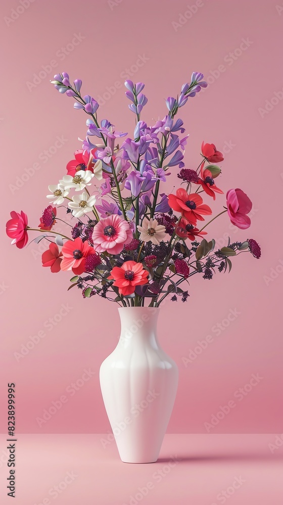Vase arrangement competition flat design side view floral design theme 3D render Complementary Color Scheme Vase arrangement competition flat design side view floral design theme 3D render Complementary Color Scheme