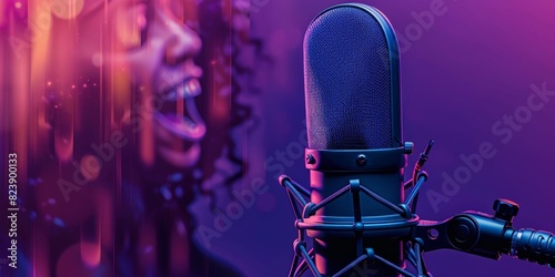 Microphone with waveform on purple background, podcast banner concept 