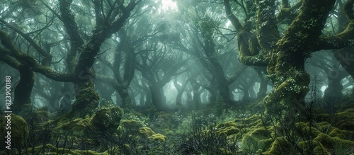 An Enchanted D Render of an Ancient Forest Basking in Soft Misty Sunlight photo