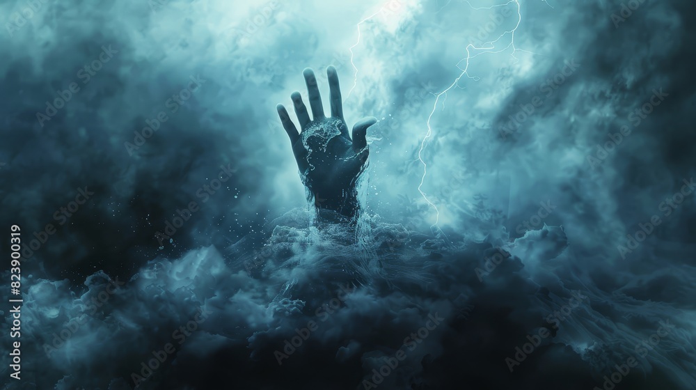 Hand reaching out of sea, final attempt, concept of drowning, (selective focus), high seas, foreboding light, realistic, Double exposure, thunderstorm backdrop Hand reaching out of sea, final attempt, concept of drowning, (selective focus), high seas, foreboding light, realistic, Double exposure, thunderstorm backdrop