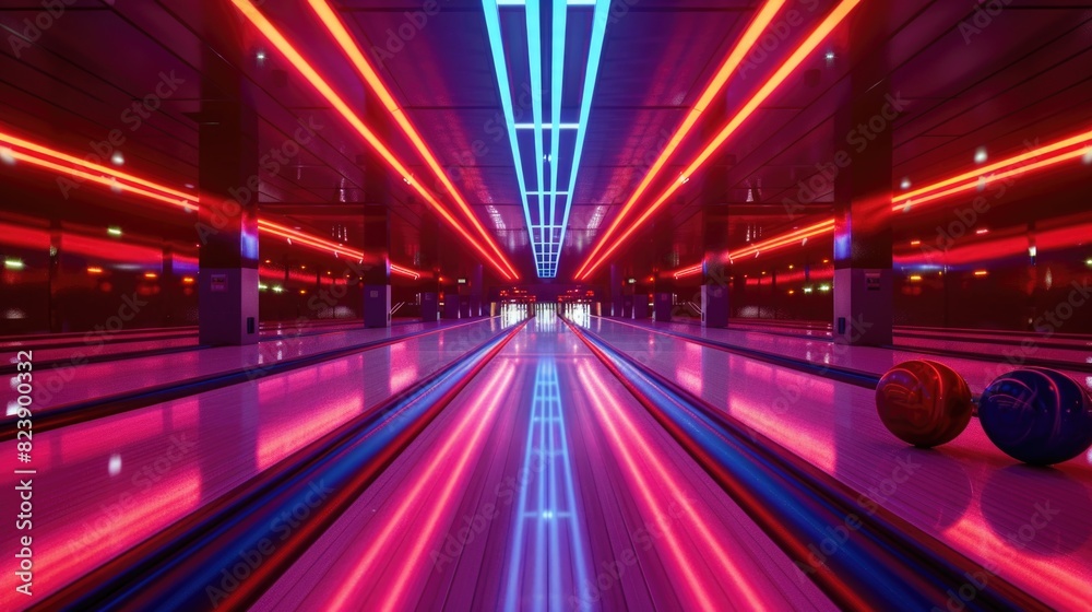 A vibrant bowling alley with colorful neon lights. Perfect for sports and entertainment concepts A vibrant bowling alley with colorful neon lights. Perfect for sports and entertainment concepts